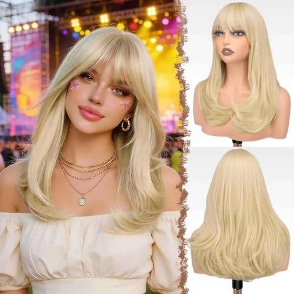 Long Blonde Synthetic Wig with Bangs Layered Wavy Heat Resistant Hairpiece